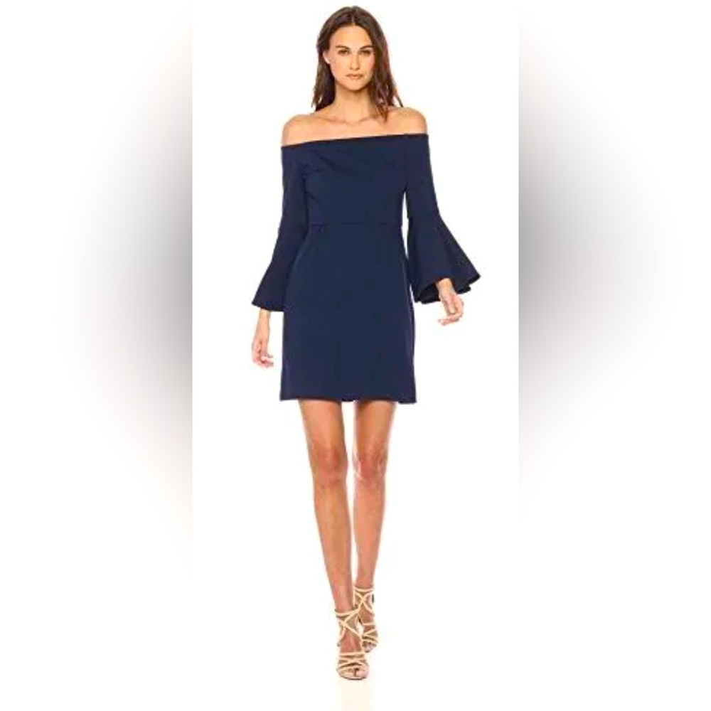 Trina Turk Size 6 Navy Bell Sleeve Off The Shoulder Dress.